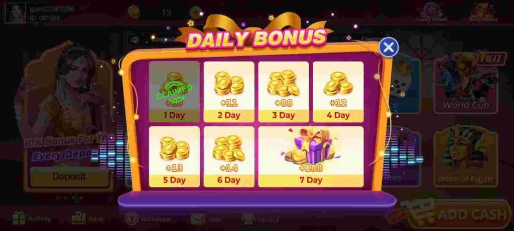 7 Day Daily Bonus in Rummy club pro Apk