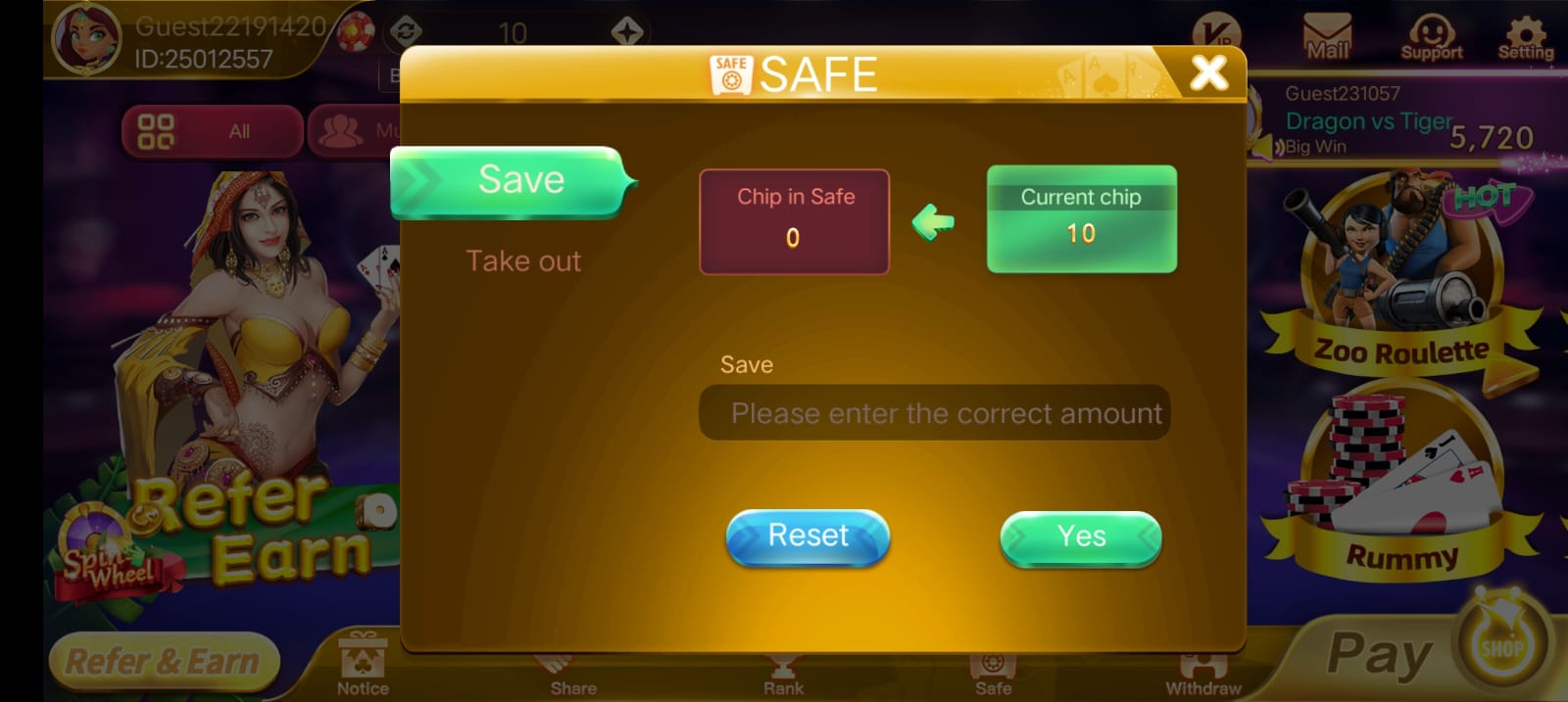 Safe Button Program In Rummy Mate App ?